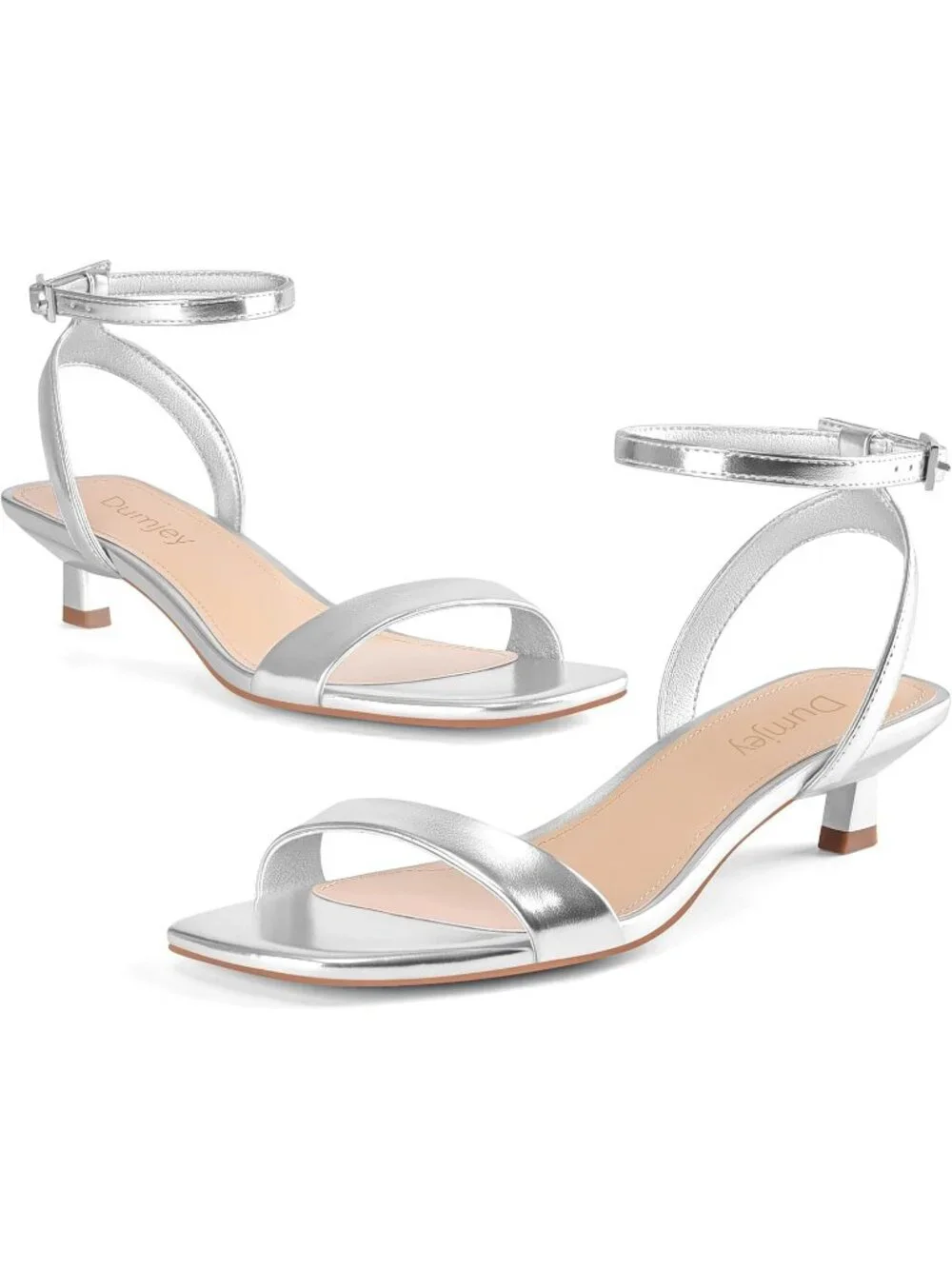 Women's Silver Faux Leather Square Open Toe Ankle Strap Kitten Heeled Sandals